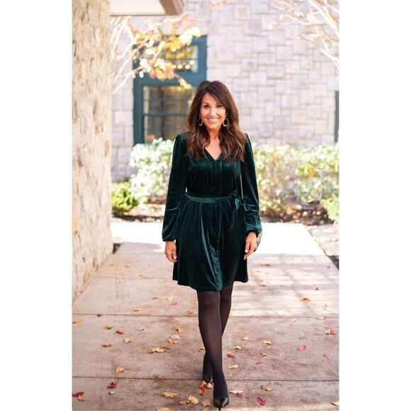 Draper James XXL Long Sleeve Belted Velved Dress Dark Green Winter Evening Date - Picture 2 of 13